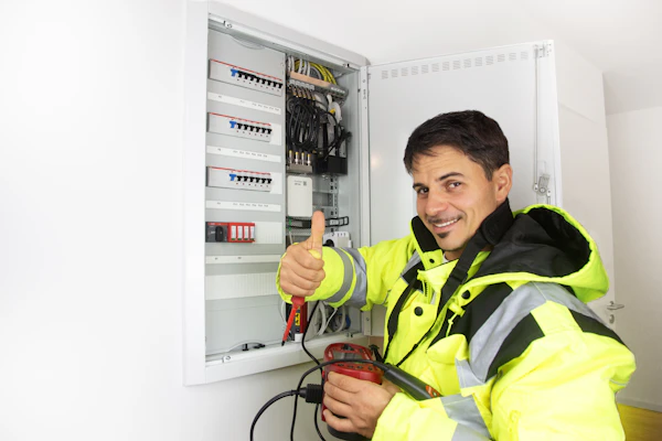 Selbstbewusster Elektriker mit gelber Arbeitsjacke